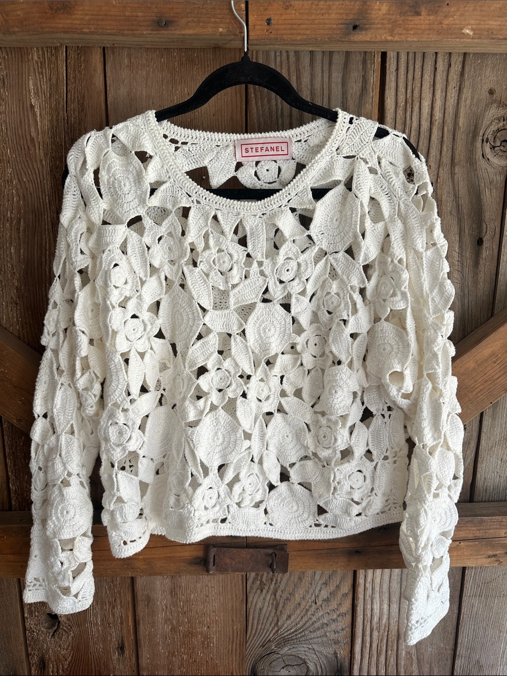 Stefanel Cream Crochet Floral Long Sleeve Sweater